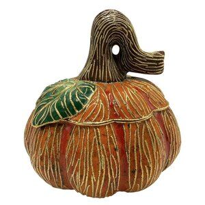 VTG Cloisonne Pumpkin Trinket Box w/Lid Halloween NYCO Nicki Yassaman Enamel